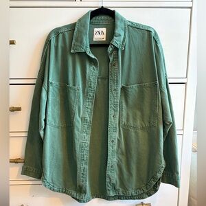 Zara Green Oversized Denim Shirt Jacket